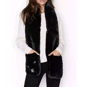 Victoria's Secret Black Sparkle Snowflake Faux Fur Scarf W/Pockets New
